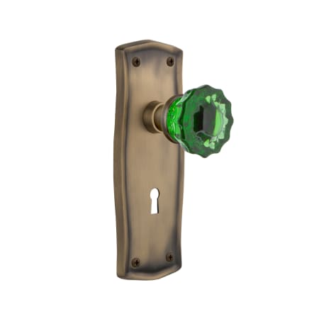 Nostalgic Warehouse Prairie Solid Brass Rose Vintage Retrofit Entry Door Knob Set with Emerald Crystal Knob and Skeleton Key Antique Brass