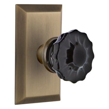 Nostalgic Warehouse Studio Solid Brass Rose Passage Door Knob Set with Black Crystal Knob and 2-3/4" Backset Antique Brass