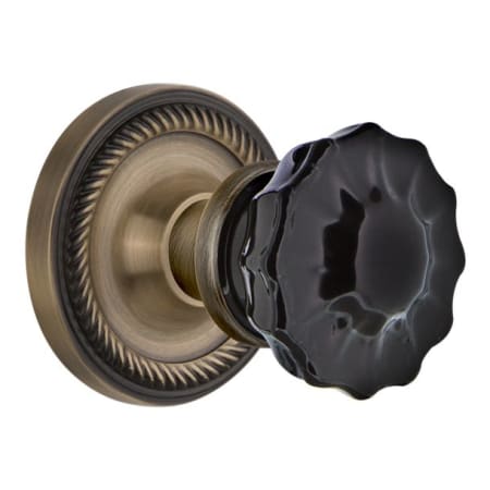 Nostalgic Warehouse Rope Solid Brass Rose Dummy Door Knob Set with Black Crystal Knob Antique Brass