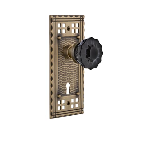 Nostalgic Warehouse Craftsman Solid Brass Rose Vintage Retrofit Entry Door Knob Set with Black Crystal Knob and Skeleton Key Antique Brass