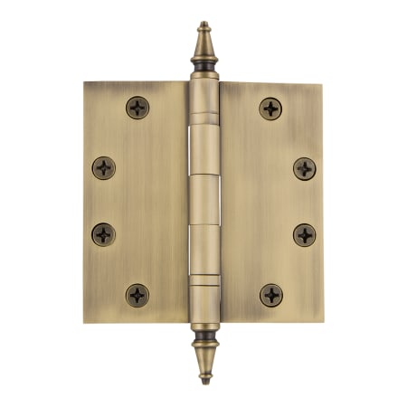 Nostalgic Warehouse 4-1/2" x 4-1/2" Ball Bearing Square Corner Mortise Hinge with Steeple Tip Antique Brass