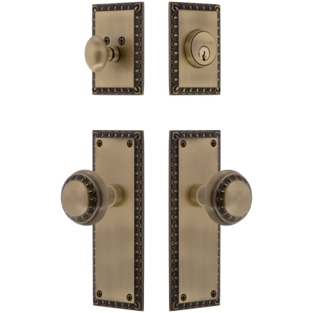 Nostalgic Warehouse Solid Brass Neoclassical Single Cylinder Keyed Entry Knob Set and Deadbolt Combo with Neoclassical Rose and 2-3/8" Backset Antique Brass