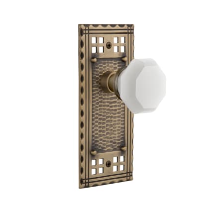 Nostalgic Warehouse Craftsman Solid Brass Rose Passage Door Knob Set with White Milk Glass Waldorf Knob and 2-3/8" Backset Antique Brass