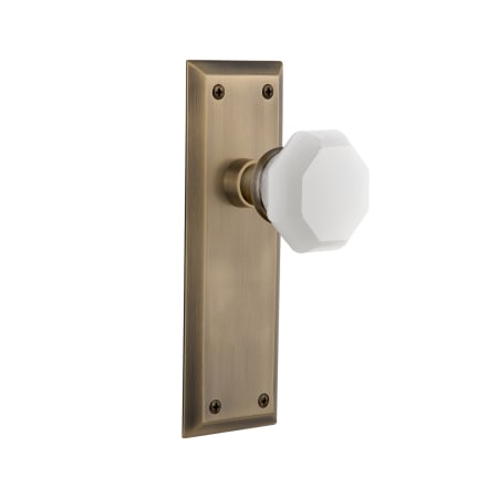 Nostalgic Warehouse New York Solid Brass Rose Passage Door Knob Set with White Milk Glass Waldorf Knob and 2-3/8" Backset Antique Brass