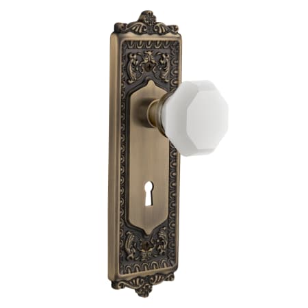 Nostalgic Warehouse Egg & Dart Solid Brass Rose Passage Door Knob Set with White Milk Glass Waldorf Knob and Decorative Keyhole for 2-3/8" Backset Antique Brass