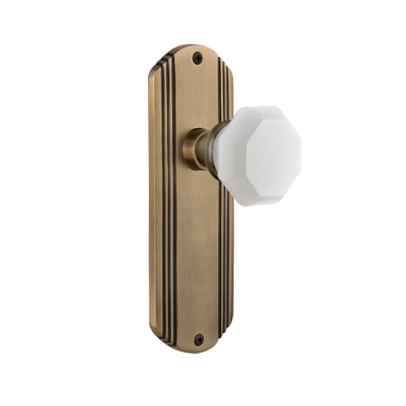 Nostalgic Warehouse Deco Solid Brass Rose Privacy Door Knob Set with White Milk Glass Waldorf Knob and 2-3/8" Backset Antique Brass