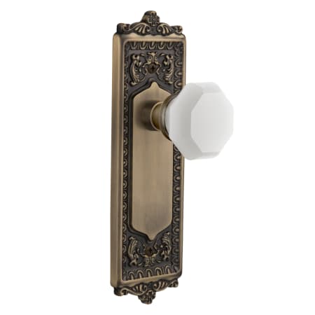 Nostalgic Warehouse Egg & Dart Solid Brass Rose Privacy Door Knob Set with White Milk Glass Waldorf Knob and 2-3/4" Backset Antique Brass