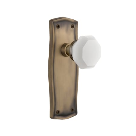 Nostalgic Warehouse Prairie Solid Brass Rose Privacy Door Knob Set with White Milk Glass Waldorf Knob and 2-3/4" Backset Antique Brass