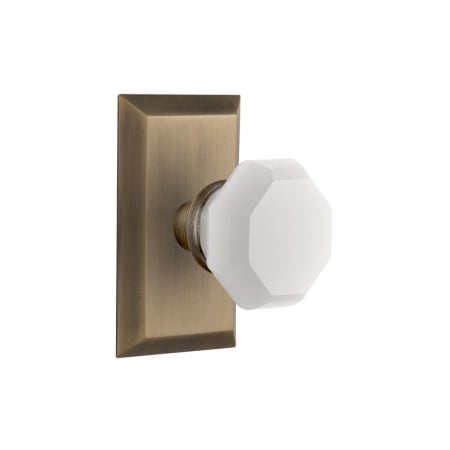 Nostalgic Warehouse Studio Solid Brass Rose Privacy Door Knob Set with White Milk Glass Waldorf Knob and 2-3/4" Backset Antique Brass
