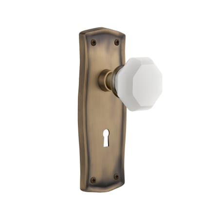 Nostalgic Warehouse Prairie Solid Brass Rose Privacy Door Knob Set with White Milk Glass Waldorf Knob and Decorative Keyhole for 2-3/8" Backset Antique Brass