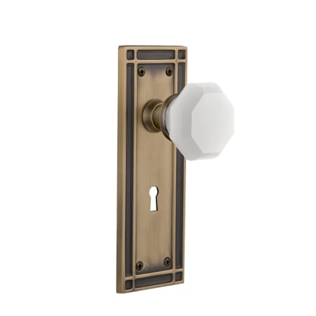 Nostalgic Warehouse Mission Solid Brass Rose Vintage Retrofit Entry Door Knob Set with White Milk Glass Waldorf Knob and Skeleton Keyhole Antique Brass