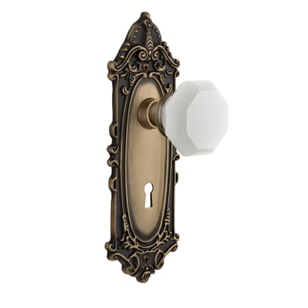 Nostalgic Warehouse Victorian Solid Brass Rose Vintage Retrofit Entry Door Knob Set with White Milk Glass Waldorf Knob and Skeleton Keyhole Antique Brass