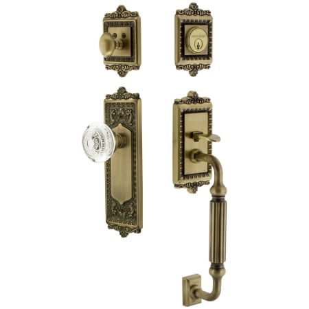 Nostalgic Warehouse Vintage Crystal Sectional Keyed Entry Door Handleset with Crystal Egg and Dart Interior Knob, F Handle Grip and 2-3/4" Backset Antique Brass