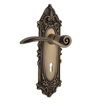 Nostalgic Warehouse Swan Privacy Door Lever Set with Victorian Rose and Decorative Keyhole for 2-3/8" Backset Doors Antique Brass