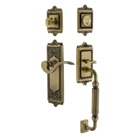 Nostalgic Warehouse Egg & Dart Right Handed Sectional Single Cylinder Keyed Entry Door Handleset with F Grip and Manor Lever for 2-3/8" Backset Doors Antique Brass