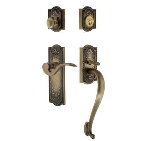 Nostalgic Warehouse Meadows Right Handed Sectional Single Cylinder Keyed Entry Door Handleset with S Grip and Manor Lever for 2-3/4" Backset Doors Antique Brass