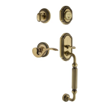 Nostalgic Warehouse Rope Right Handed Sectional Single Cylinder Keyed Entry Door Handleset with F Grip and Manor Lever for 2-3/8" Backset Doors Antique Brass