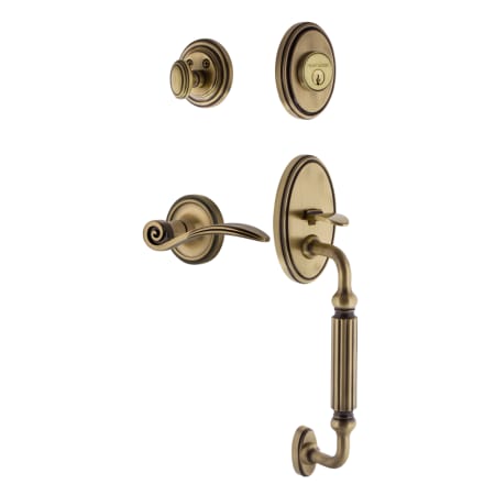 Nostalgic Warehouse Classic Right Handed Sectional Single Cylinder Keyed Entry Door Handleset with F Grip and Swan Lever for 2-3/8" Backset Doors Antique Brass