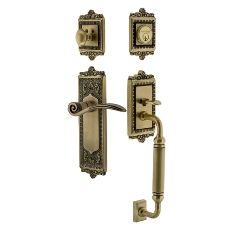 Nostalgic Warehouse Egg and Dart Right Handed Sectional Single Cylinder Keyed Entry Door Handleset with C Grip and Swan Lever for 2-3/8" Backset Doors Antique Brass