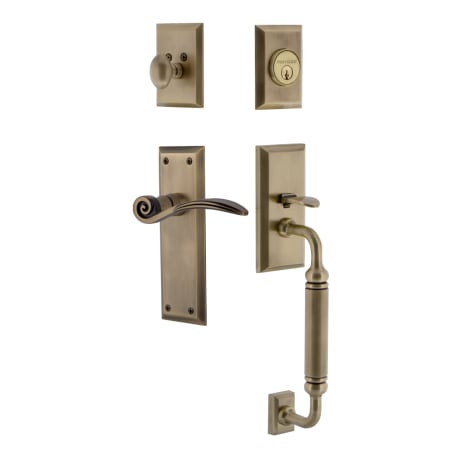 Nostalgic Warehouse New York Right Handed Sectional Single Cylinder Keyed Entry Door Handleset with C Grip and Swan Lever for 2-3/8" Backset Doors Antique Brass