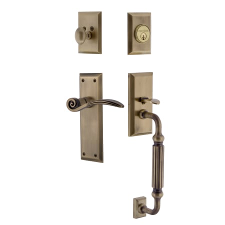 Nostalgic Warehouse New York Right Handed Sectional Single Cylinder Keyed Entry Door Handleset with F Grip and Swan Lever for 2-3/4" Backset Doors Antique Brass
