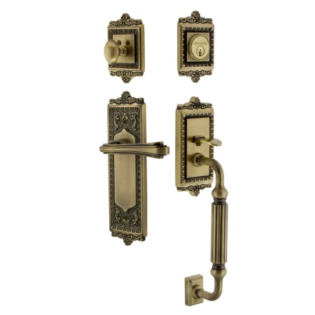 Nostalgic Warehouse Egg and Dart Right Handed Sectional Single Cylinder Keyed Entry Door Handleset with F Grip and Fleur Lever for 2-3/8" Backset Doors Antique Brass