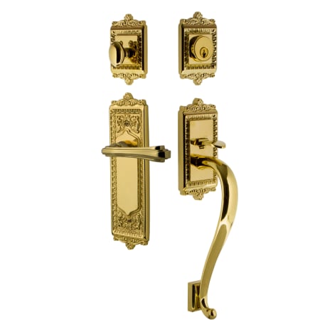 Nostalgic Warehouse Egg & Dart Right Handed Sectional Single Cylinder Keyed Entry Door Handleset with S Grip and Fleur Lever for 2-3/8" Backset Doors Lifetime Brass