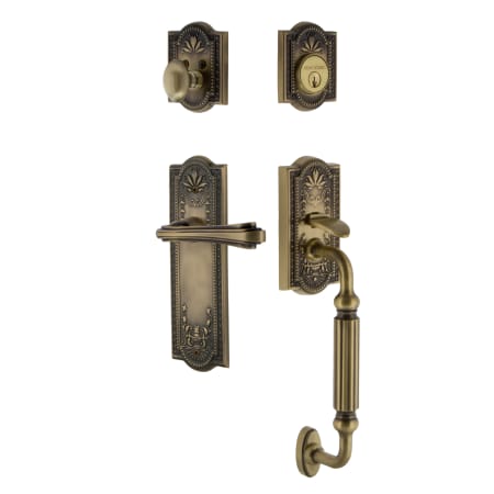 Nostalgic Warehouse Meadows Right Handed Sectional Single Cylinder Keyed Entry Door Handleset with F Grip and Fleur Lever for 2-3/8" Backset Doors Antique Brass