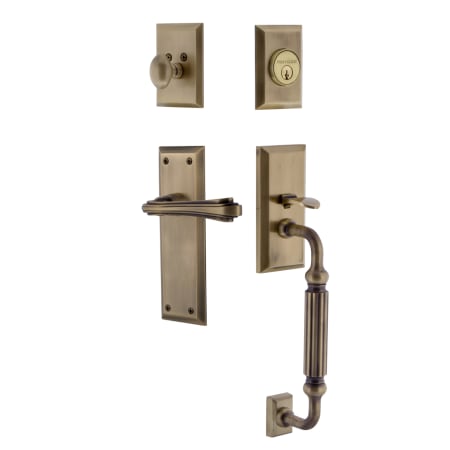 Nostalgic Warehouse New York Right Handed Sectional Single Cylinder Keyed Entry Door Handleset with F Grip and Fleur Lever for 2-3/4" Backset Doors Antique Brass
