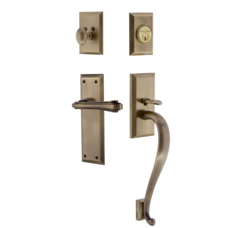 Nostalgic Warehouse New York Right Handed Sectional Single Cylinder Keyed Entry Door Handleset with S Grip and Fleur Lever for 2-3/4" Backset Doors Antique Brass