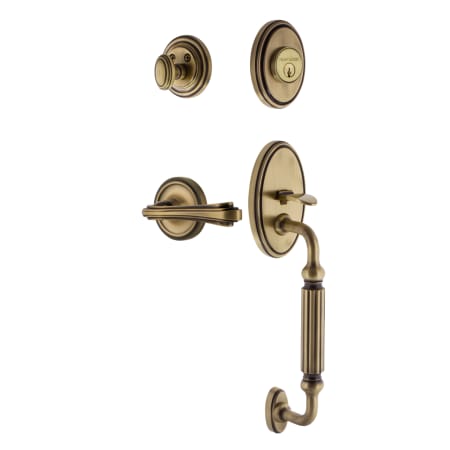 Nostalgic Warehouse Classic Left Handed Sectional Single Cylinder Keyed Entry Door Handleset with F Grip and Fleur Lever for 2-3/4" Backset Doors Antique Brass