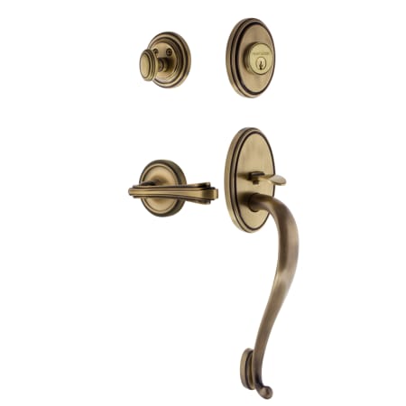 Nostalgic Warehouse Classic Left Handed Sectional Single Cylinder Keyed Entry Door Handleset with S Grip and Fleur Lever for 2-3/8" Backset Doors Antique Brass