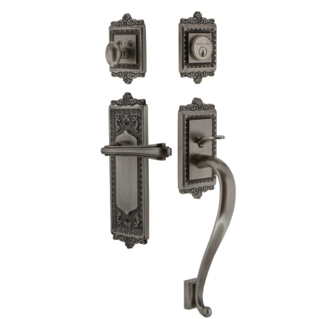 Nostalgic Warehouse Egg & Dart Left Handed Sectional Single Cylinder Keyed Entry Door Handleset with S Grip and Fleur Lever for 2-3/8" Backset Doors Antique Pewter