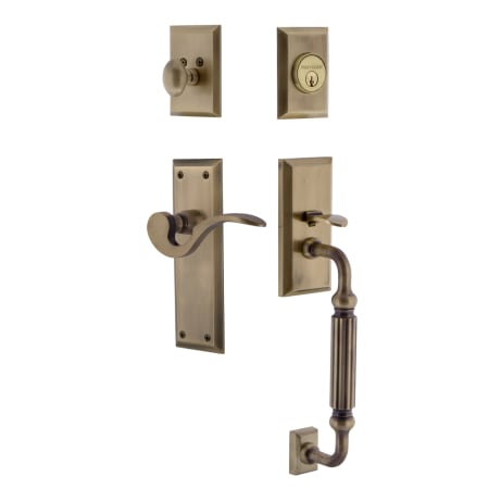 Nostalgic Warehouse New York Left Handed Sectional Single Cylinder Keyed Entry Door Handleset with F Grip and Manor Lever for 2-3/4" Backset Doors Antique Brass