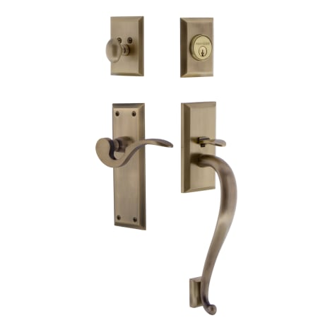 Nostalgic Warehouse New York Left Handed Sectional Single Cylinder Keyed Entry Door Handleset with S Grip and Manor Lever for 2-3/8" Backset Doors Antique Brass