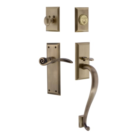 Nostalgic Warehouse New York Left Handed Sectional Single Cylinder Keyed Entry Door Handleset with S Grip and Swan Lever for 2-3/8" Backset Doors Antique Brass
