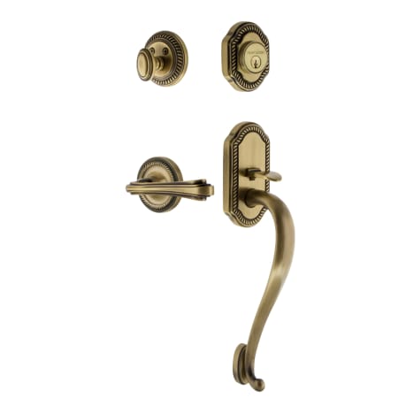 Nostalgic Warehouse Rope Left Handed Sectional Single Cylinder Keyed Entry Door Handleset with S Grip and Fleur Lever for 2-3/8" Backset Doors Antique Brass