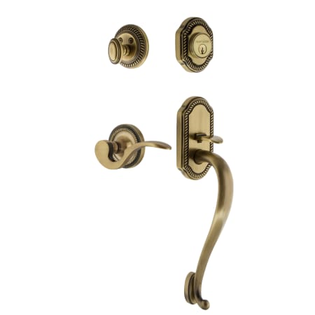 Nostalgic Warehouse Rope Left Handed Sectional Single Cylinder Keyed Entry Door Handleset with S Grip and Manor Lever for 2-3/8" Backset Doors Antique Brass