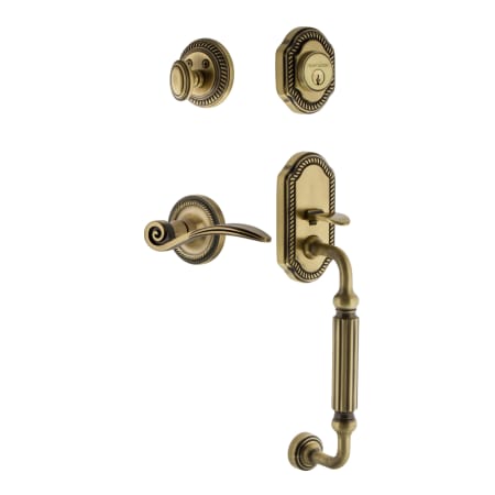 Nostalgic Warehouse Rope Left Handed Sectional Single Cylinder Keyed Entry Door Handleset with F Grip and Swan Lever for 2-3/8" Backset Doors Antique Brass