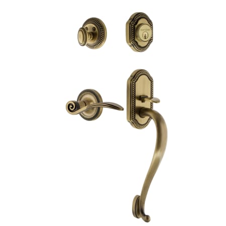 Nostalgic Warehouse Rope Left Handed Sectional Single Cylinder Keyed Entry Door Handleset with S Grip and Swan Lever for 2-3/8" Backset Doors Antique Brass