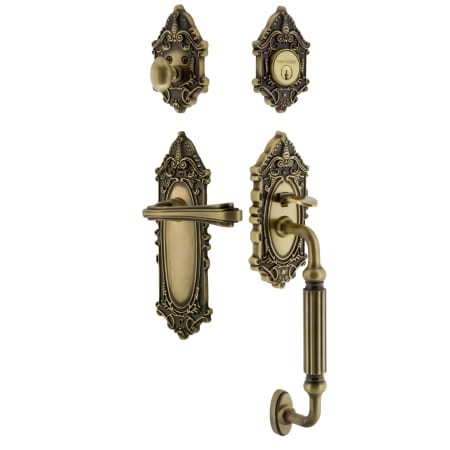 Nostalgic Warehouse Victorian Left Handed Sectional Single Cylinder Keyed Entry Door Handleset with F Grip and Fleur Lever for 2-3/4" Backset Doors Antique Brass