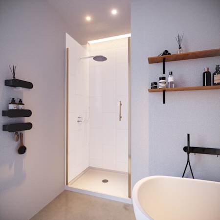 Nuvo Bath Presidio 80" High x 36" Wide x 36" Deep Shower Enclosure Kit with Pivot Clear Glass Door, Shower Base, Center Drain and Corner Shelves Brushed Nickel / Winter White