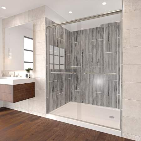 Nuvo Bath Rainier 80" High x 60" Wide x 30" Deep Shower Enclosure Kit with Sliding Clear Glass Door, Shower Base, Center Drain and Corner Shelves Brushed Nickel / Driftwood