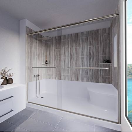 Nuvo Bath Rainier 80" High x 60" Wide x 32" Deep Shower Enclosure Kit with Sliding Clear Glass Door, Shower Seated Base, Left Drain and Corner Shelves Brushed Nickel / Driftwood