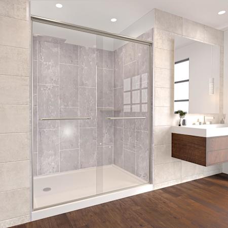 Nuvo Bath Rainier 80" High x 60" Wide x 30" Deep Shower Enclosure Kit with Sliding Clear Glass Door, Shower Base, Left Drain and Corner Shelves Brushed Nickel / Platinum Grey