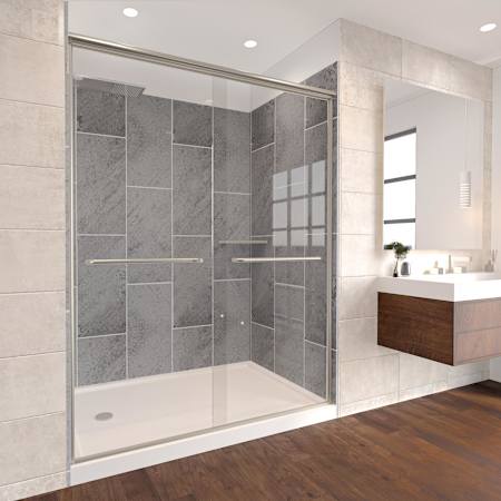 Nuvo Bath Rainier 80" High x 60" Wide x 32" Deep Shower Enclosure Kit with Sliding Clear Glass Door, Shower Base, Left Drain and Corner Shelves Brushed Nickel / Slate Grey