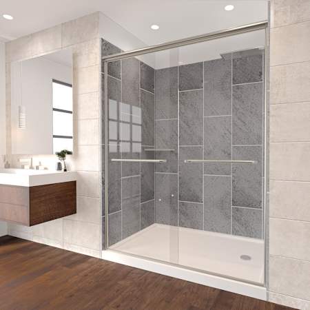 Nuvo Bath Rainier 80" High x 60" Wide x 32" Deep Shower Enclosure Kit with Sliding Clear Glass Door, Shower Base, Center Drain and Corner Shelves Brushed Nickel / Slate Grey