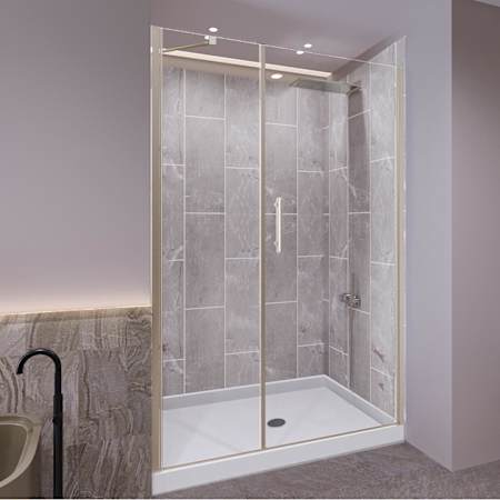 Nuvo Bath Salishan 80" High x 48" Wide x 32" Deep Shower Enclosure Kit with Pivot Clear Glass Door, Shower Base, Center Drain and Corner Shelves Brushed Nickel / Platinum Grey