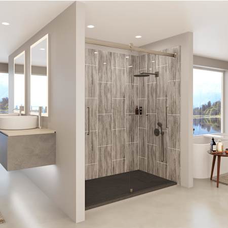 Nuvo Bath Tetherow 80" High x 60" Wide x 32" Deep Shower Enclosure Kit with Bypass Clear Glass Door, Shower Base, Rear Drain and Corner Shelves Brushed Nickel / Driftwood / Black