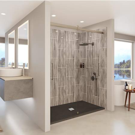 Nuvo Bath Tetherow 80" High x 60" Wide x 36" Deep Shower Enclosure Kit with Bypass Clear Glass Door, Shower Base, Center Drain and Corner Shelves Brushed Nickel / Driftwood / Black